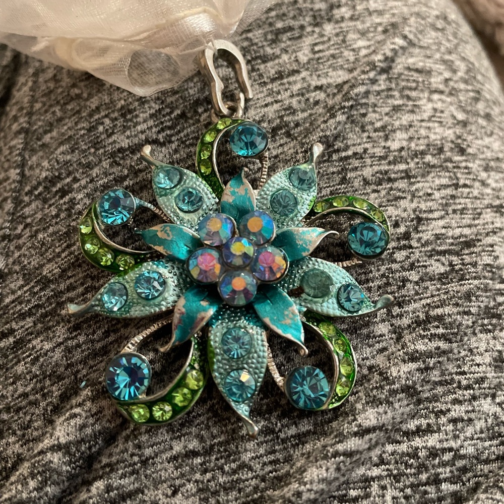 Floral Pendant with Blue and Green Crystals